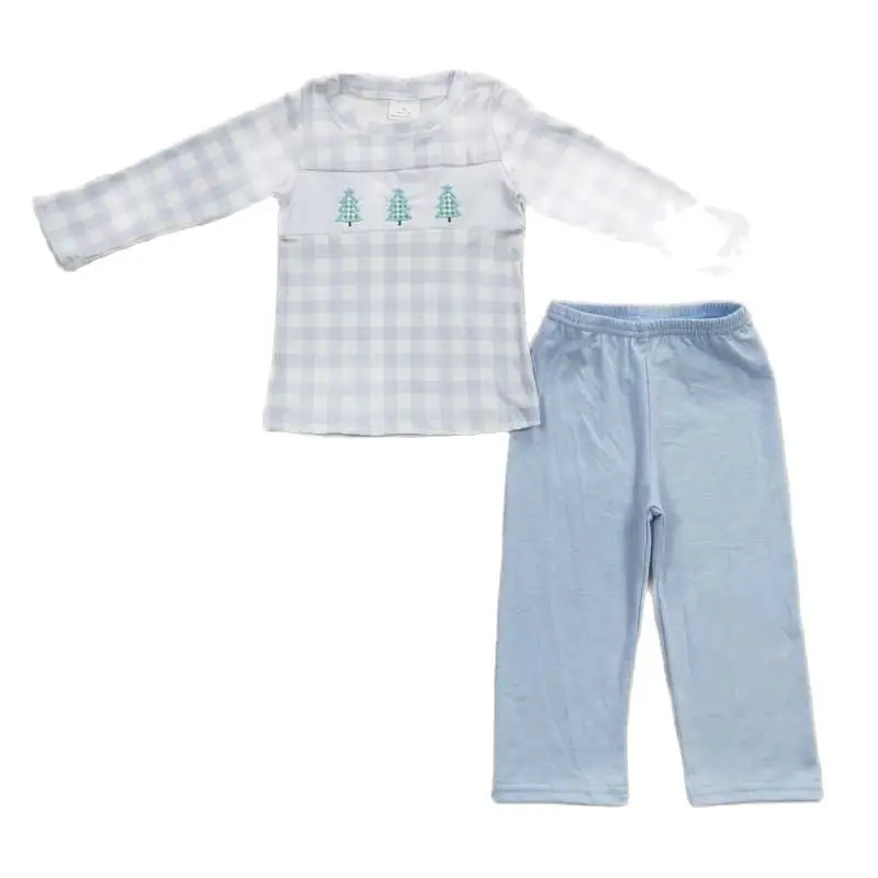 Embroidered Christmas Tree Plaid Blue Long Sleeve Trouser Set