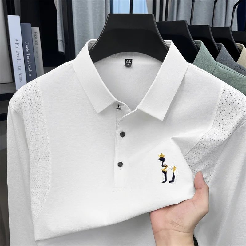 Men New Long Sleeve Brand Polo Embroidered Crown Dog Breathable Mesh Panel Button Casual Business Autumn High Quality Tops Men