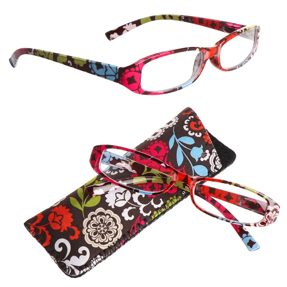 New Fashion Women Flower Print Resin Reading Glasses Spring Hinge Rectangular Presbyopic Matching Pouch +1.0~+4.0