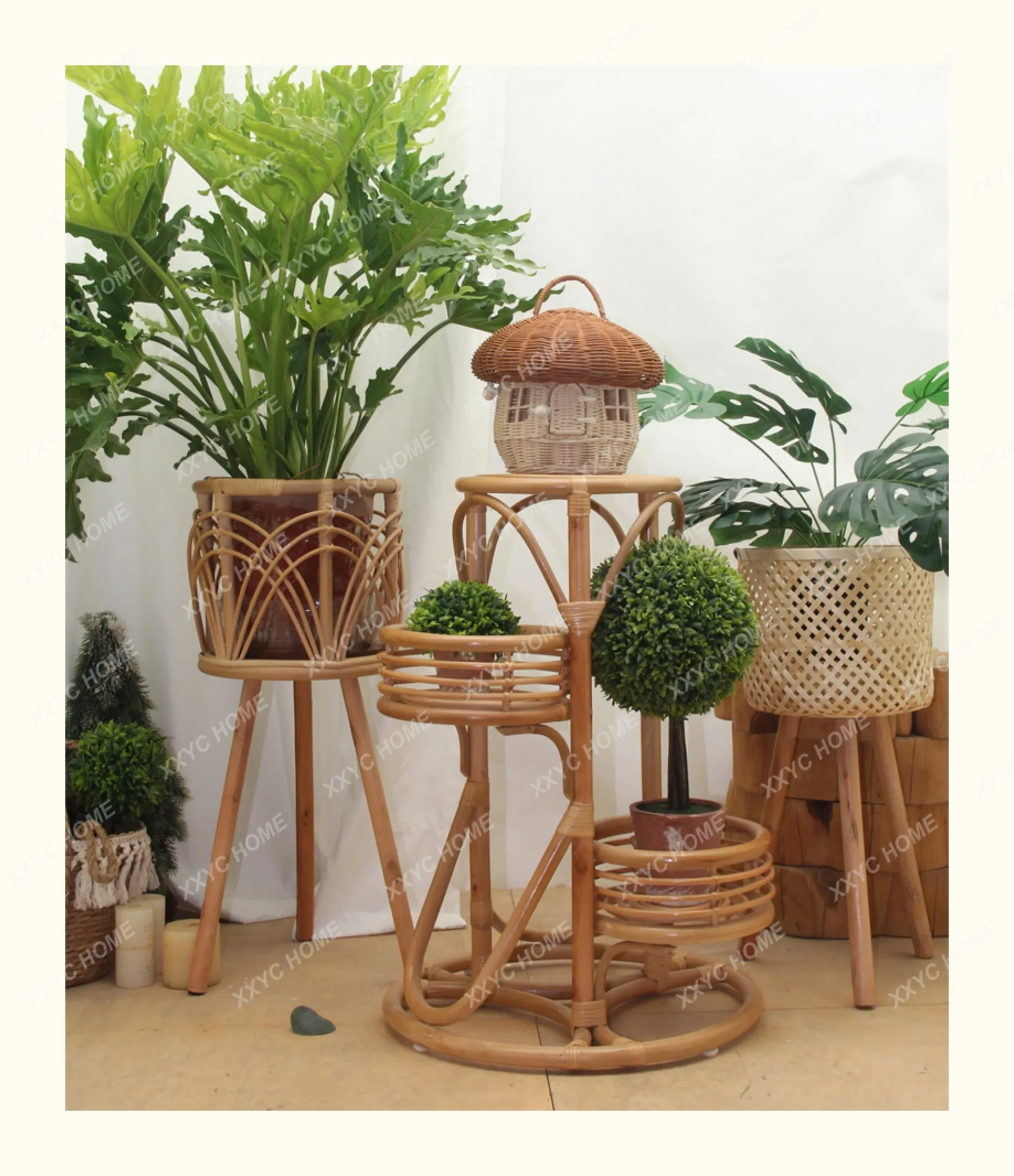 Nordic solid wood Indonesian rattan flower stand,  sofa side few floor bamboo weaving rack, wall corner balcony flower pot stand