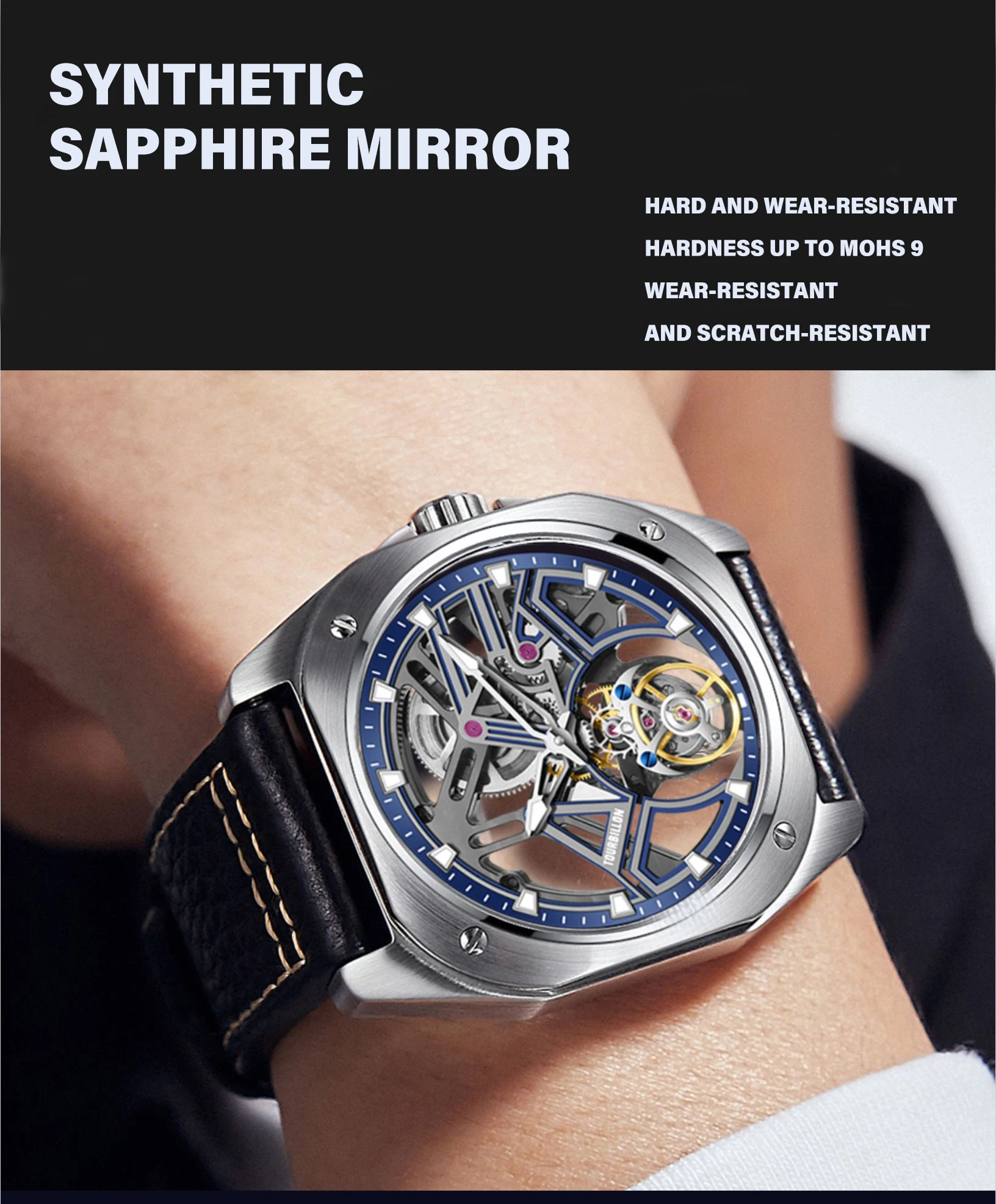 2025 ايسوب توربيون ساعات للرجال موضة ميكانيكية مقاوم للماء الهيكل العظمي توربيون حركة الياقوت مرآة المتجر الرسمي