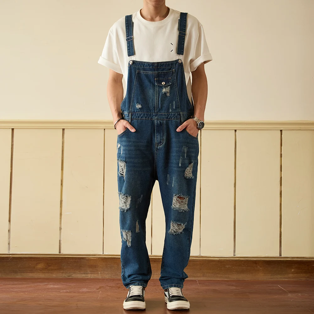 الرجال ممزق الدينيم مريلة وزرة ثقوب عادية المتعثرة الأزرق دنغري جيوب البضائع الجينز ملابس العمل المآزر