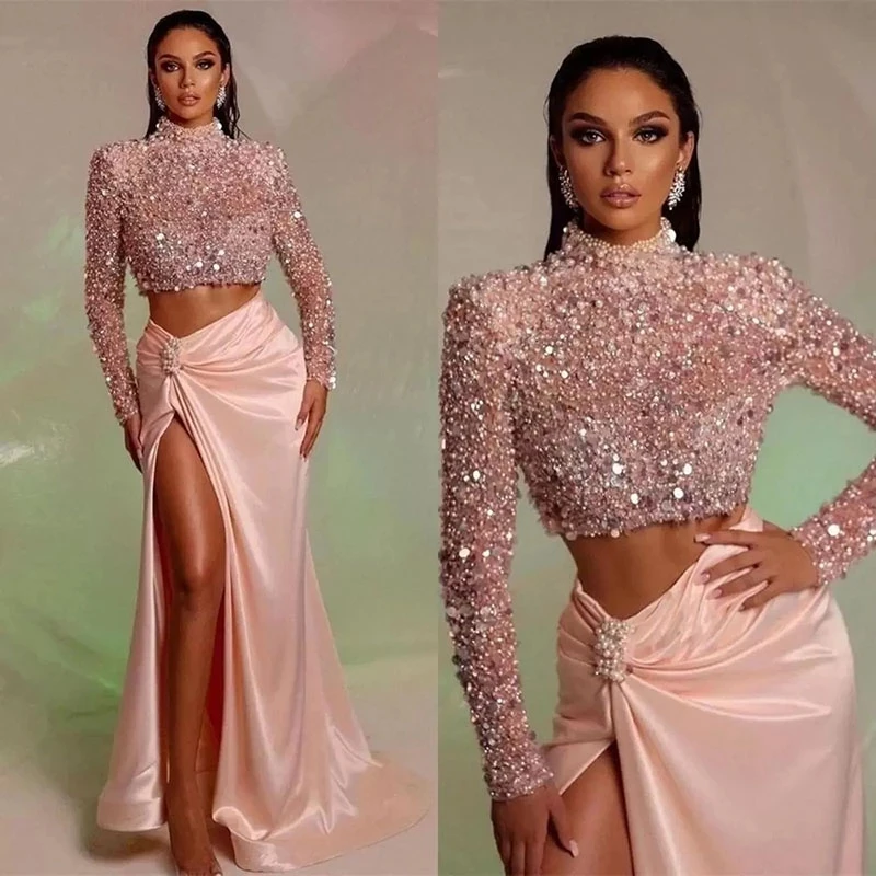 

2023 Sparkling Evening Dresses Sequin Beads Two Piece Set High Neck Long Sleeve Arab Women's Formal Satin Princess Prom Gowns Ro