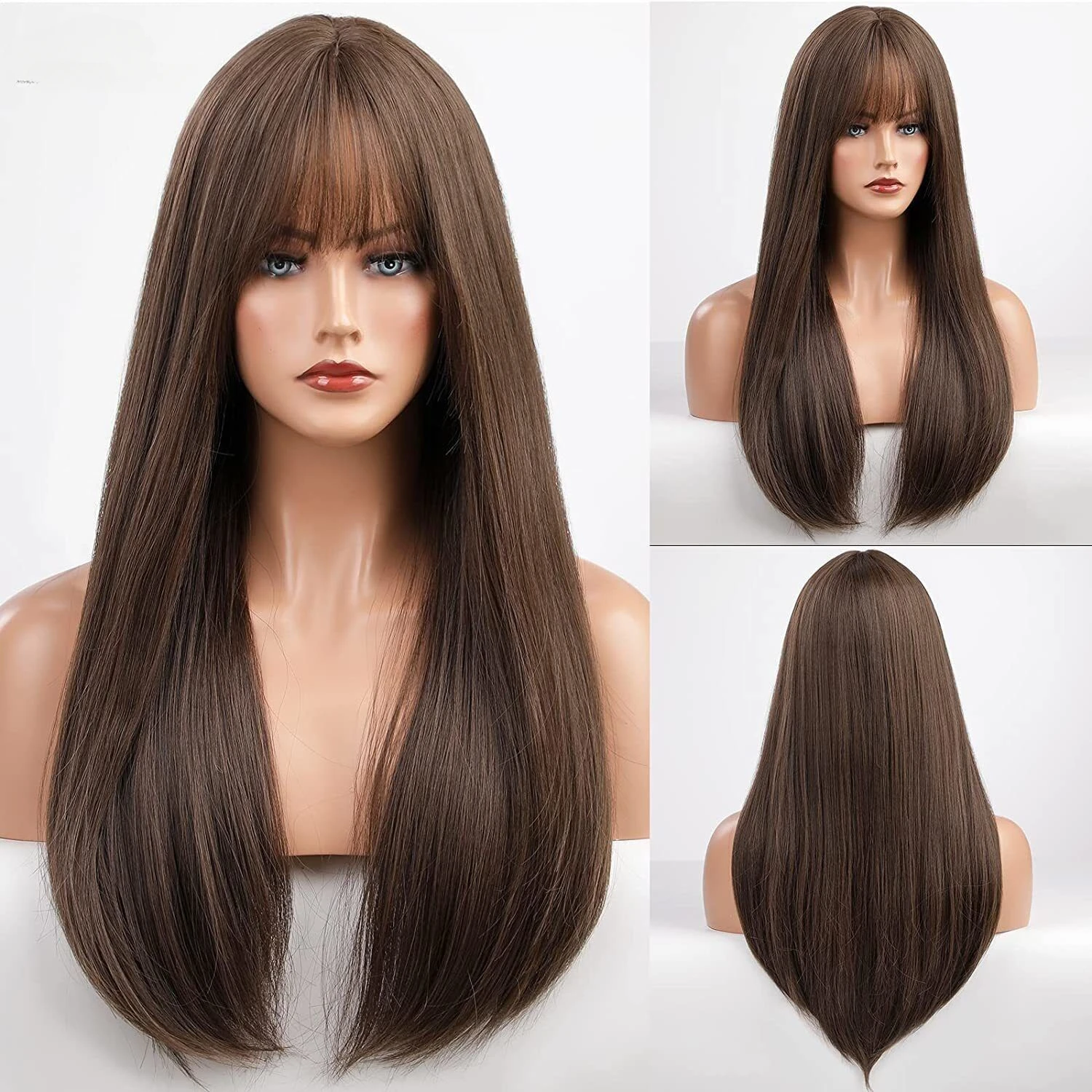 24 In Long Natural Straight Dark Brown Hair Bangs Women Wigs