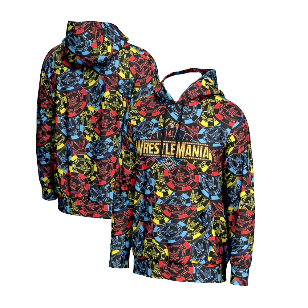 2024 Men's ProSphere WrestleMania 41 Poker Chip Pattern Hoodie WWE Hoodie Youth Wrestling Fans Must Have Unisex Sweatshirt