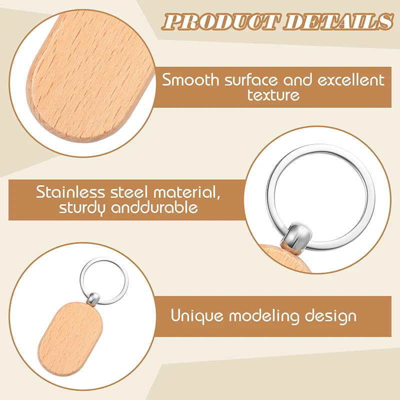 60Pcs Wood Keychain Blank Wood Key Chain Unfinished Wood Keychain Blanks for DIY Crafts