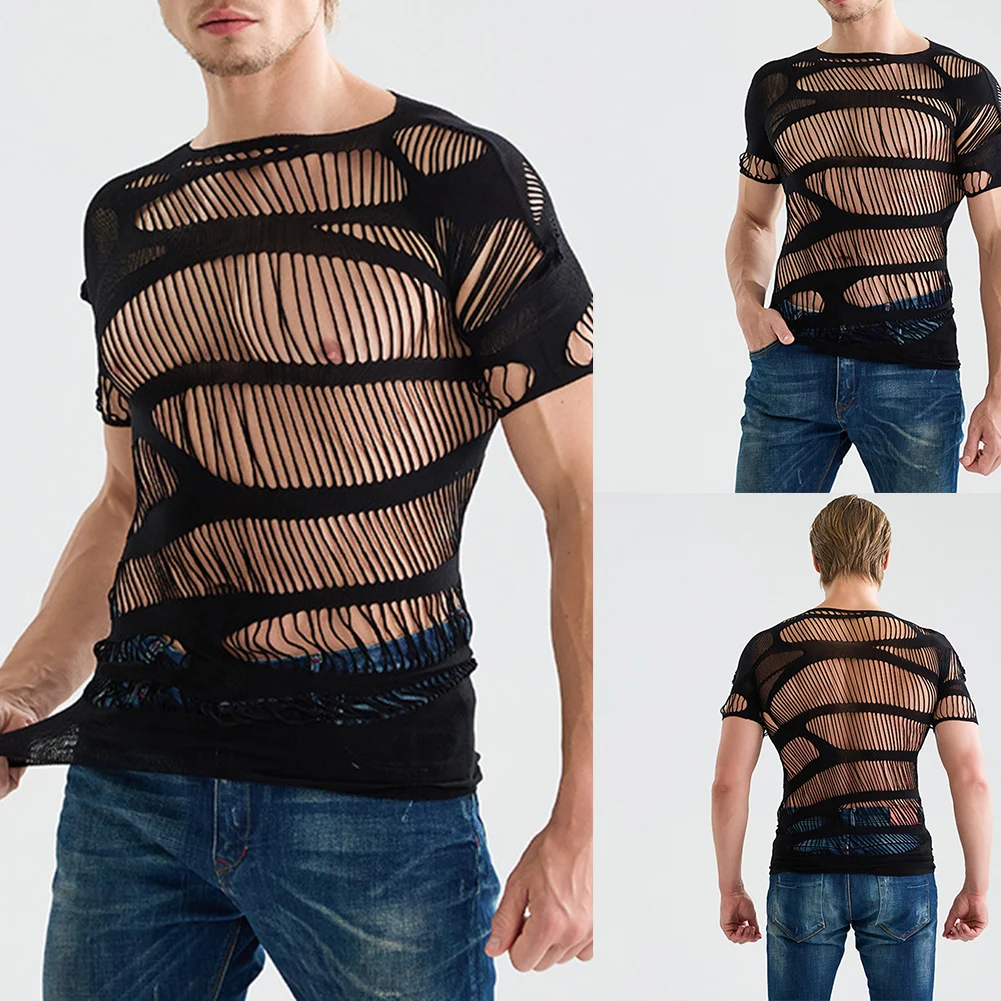 1pc Men Sexy Mesh Sheer Top Short Sleeve Mesh See Through Tops Hollow Out O-neck T-shirts Solid Color Underwear image 5