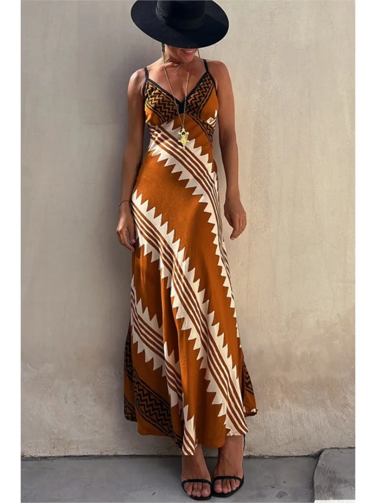 Abito estivo da donna con motivo etnico nuovo, senza schienale, con spacco sulla coscia, abiti estivi da donna, abito lungo con volant alla moda Boho per la spiaggia