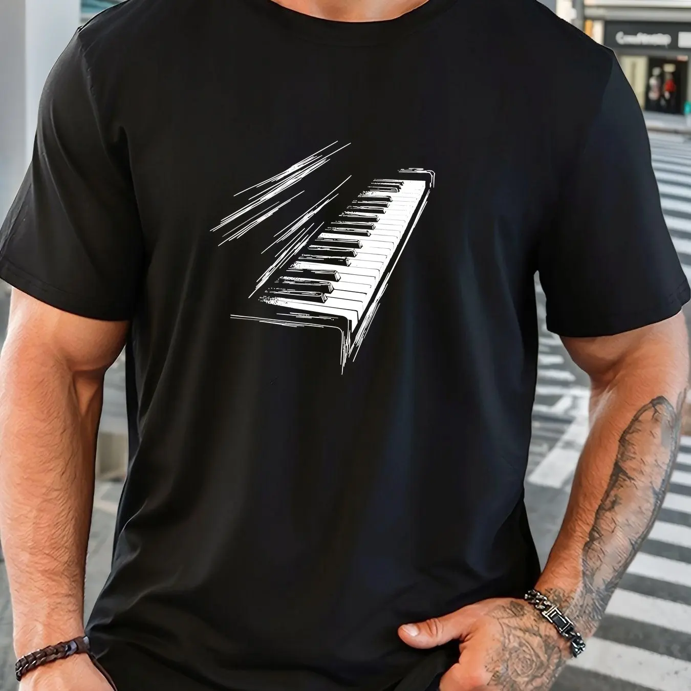 Men'S Casual T-Shirt with Vibrant Piano Graphic Short Sleeve Round Neck Breathable for Casual Attire Men Clothing Comfortable