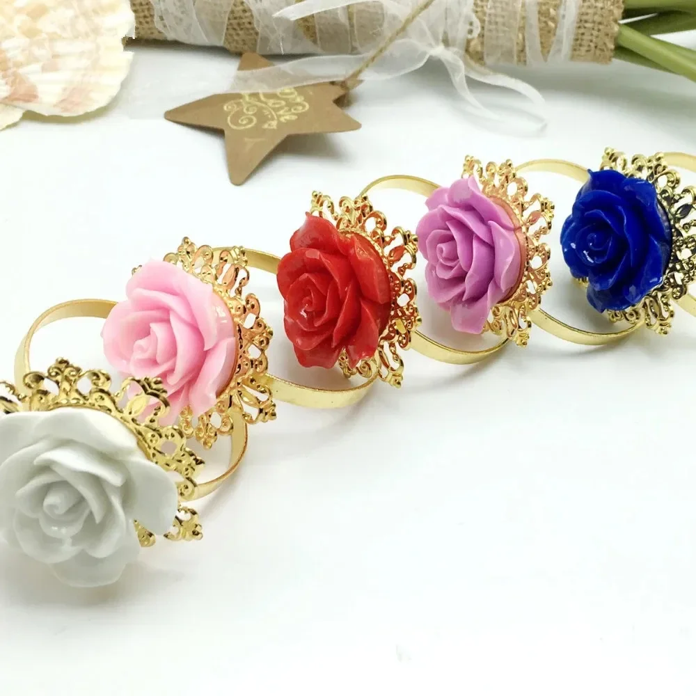 50pcs/lot Many Colors Rose Flower Decor Gold Napkin Rings Holder Hoops Romantic Nice Looking Weeding Party Table Decoration