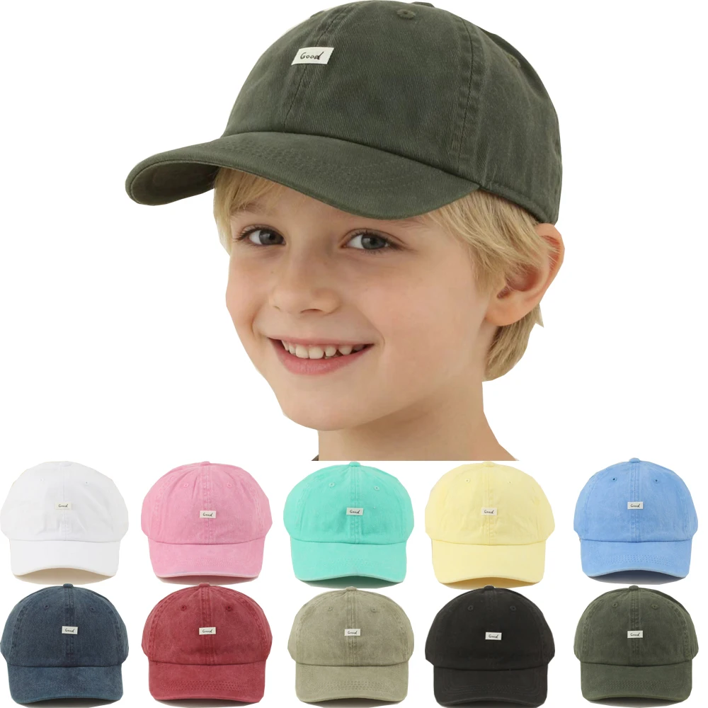 

Spring Summer New Vintage Washed Cotton Baseball Cap Kids Letter Label Soild Color Sun Hats For Boy Girl Soft Snapback Baby Hat