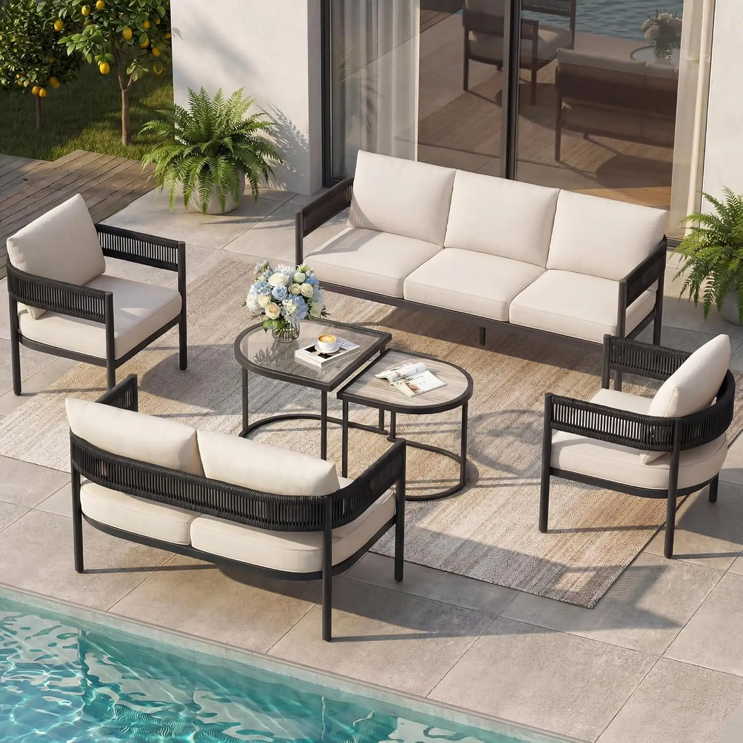 

6-Seat Wicker Outdoor Sofa Set with 3-Seat Couch Cushions Coffee Table Backyard Balcony Garden, Custom
