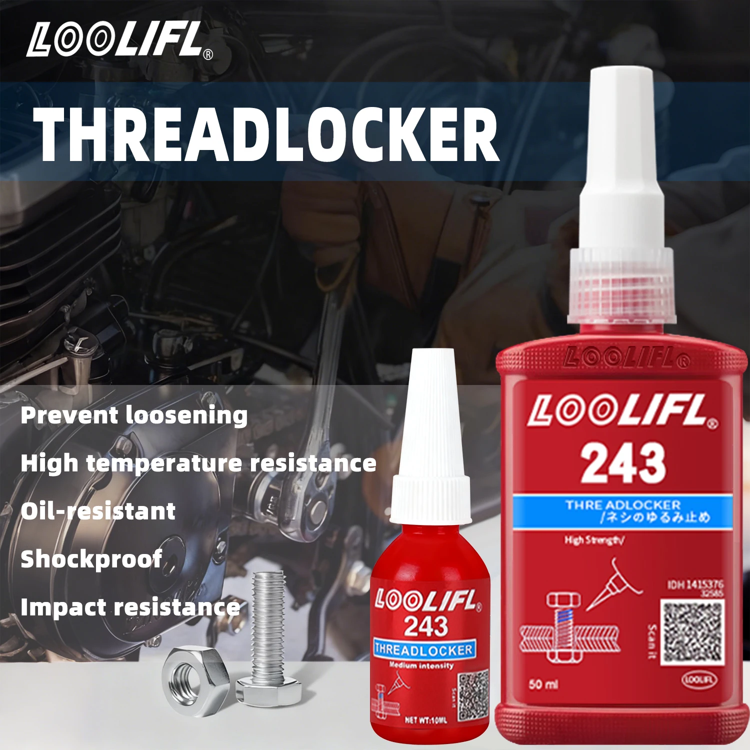 243 cerraduras roscadas de resistencia media azul - para pernos, tuercas, adhesivos anaeróbicos - para evitar la corrosión suelta
