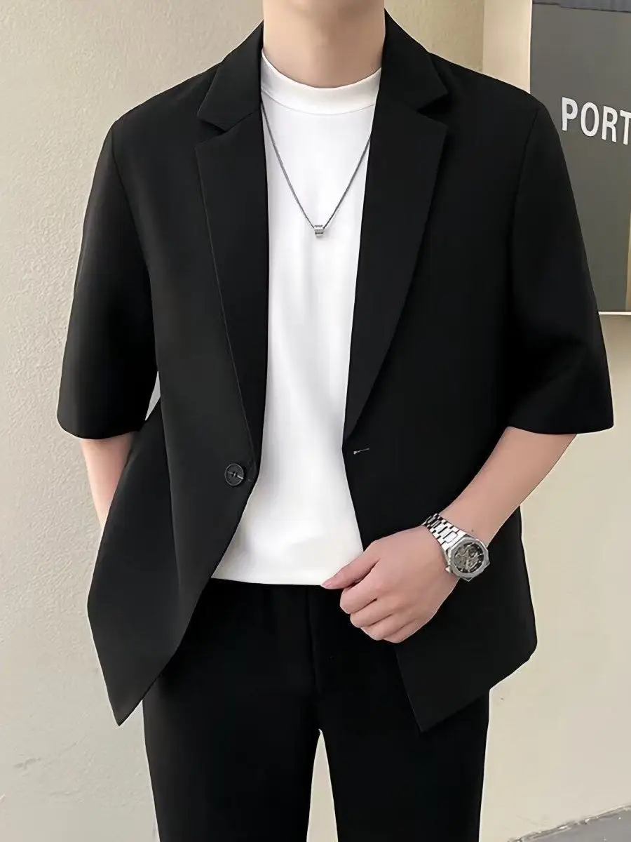 Summer Men's Casual Suit Jacket Loose Fit Short Sleeve Single Button Thin Top Trendy Polyester Fiber Soft Breathable