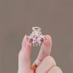 Pink Rhinestone Cherry Blossom Mini Hair Clip Sparkling Flower Small Claw For Bangs Side Hair Women Kawaii Accessories Gift