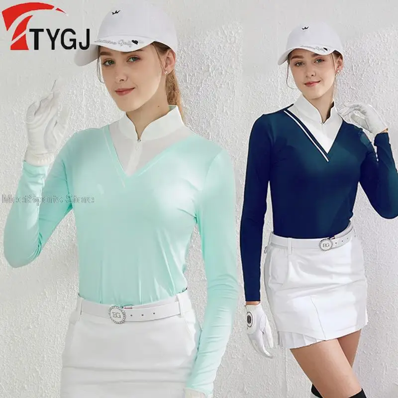 Ttygj Golf Clothes Women'S Long-Sleeved Sunscreen Ice Silk Tops  Ladies Zipper Collar Bottoming T-Shirt Cooling Sportswear