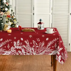 Christmas Floral Leaf Red Fabric Tablecloth Dining Room Decor Waterproof Tablecloth for Table Xmas  Party Picnic Dinner Decor