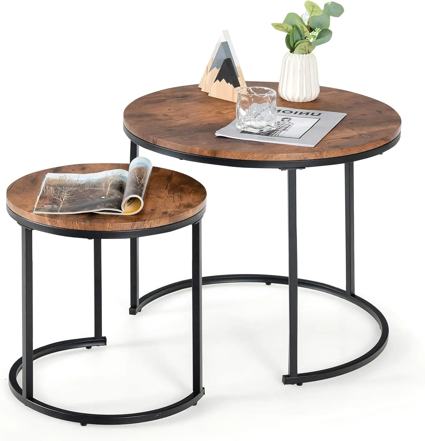 

Nesting Coffee Table Set of 2, Round Stacking Side Tables w/Wooden Tabletop & Steel Frame, Space Saving Vintage