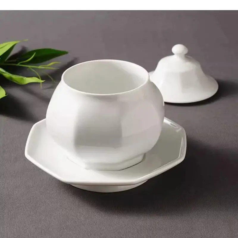 Solid Color Ceramic Octagonal Bowl with Lid Restaurant Soup Steamed Egg Dessert Molecular Cuisine Specialty Tableware