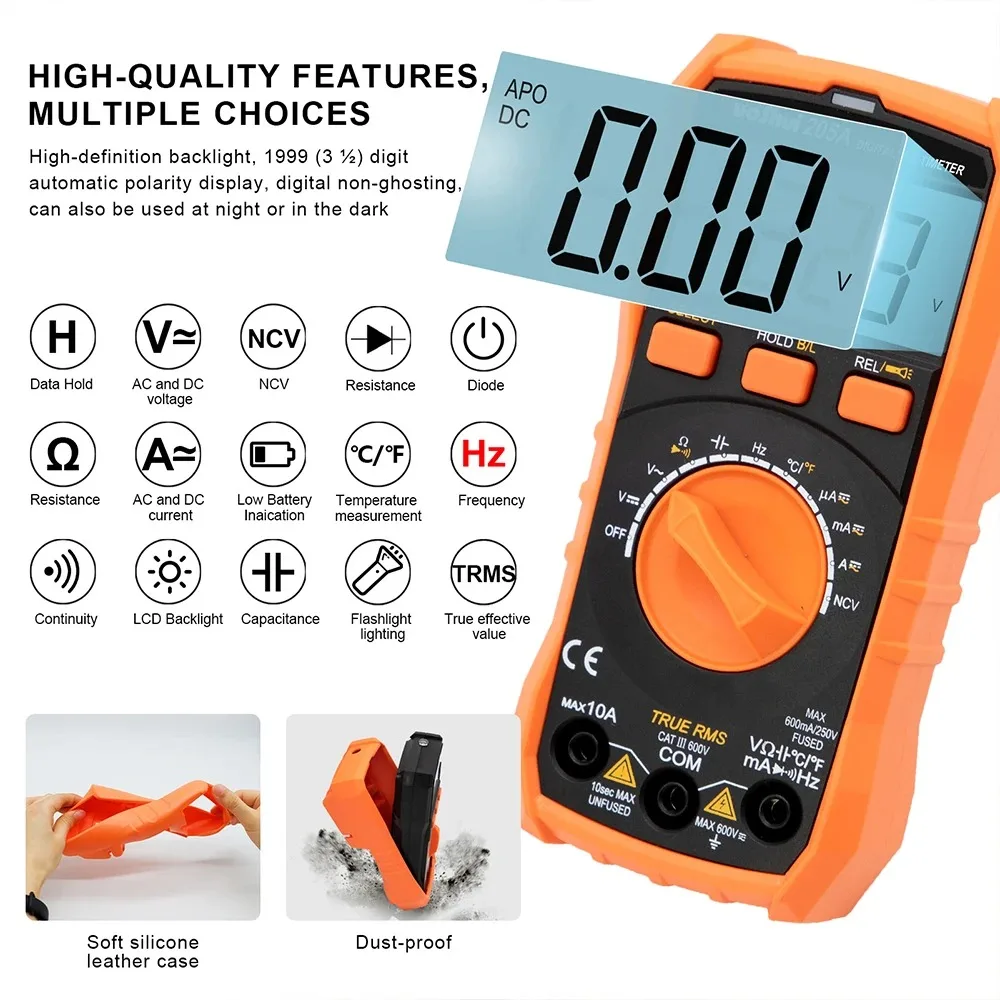 201/202/203/205A Handheld Digital Multimeter AC/DC Voltage Current 6000 Counts Backlight NCV Large LCD Screen Resistance Meter