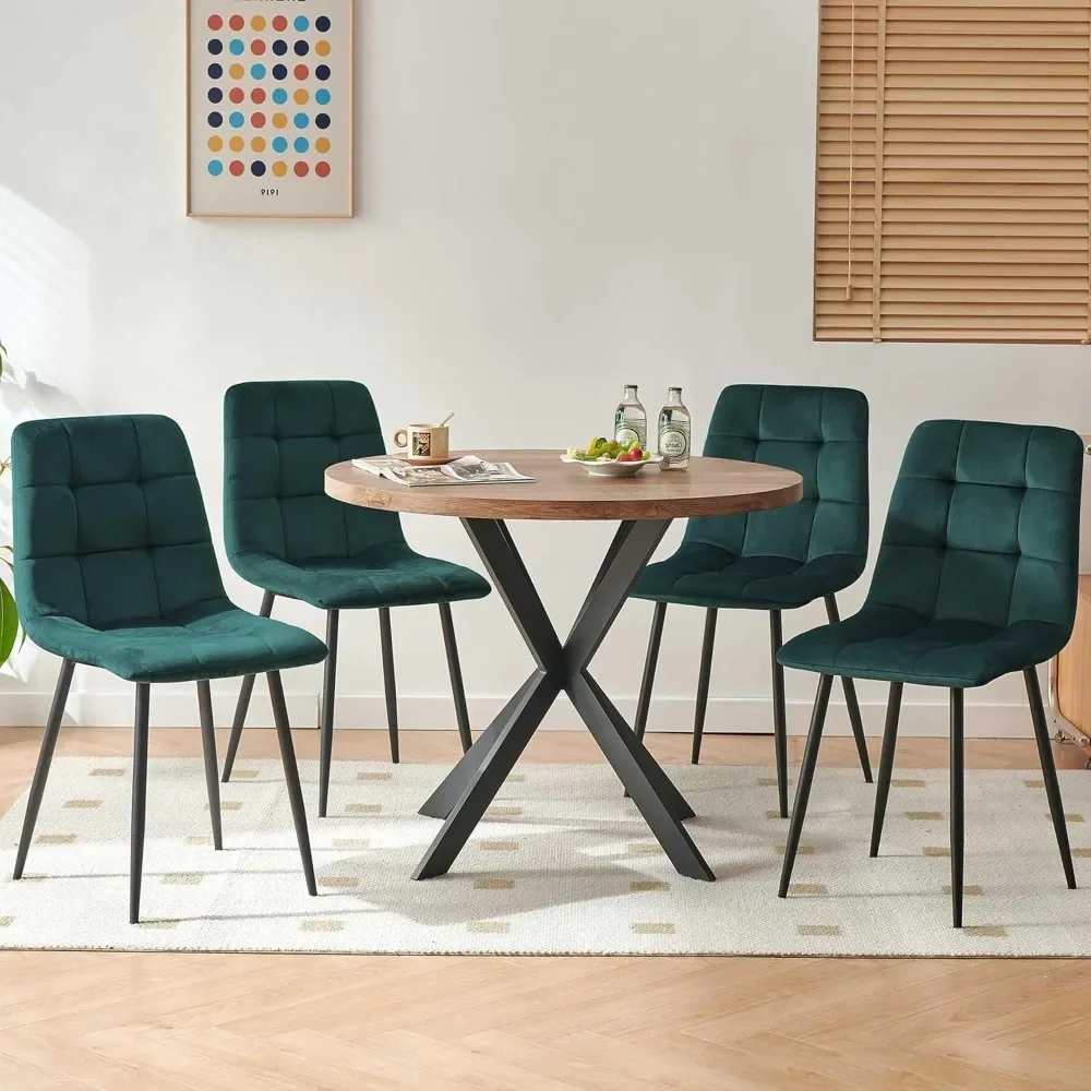 

37 Inch 4 Seater Round Table Set, Modern Kitchen Dining Table Set, Faux Wood Dining Table, Dark Green Velvet Side Chairs