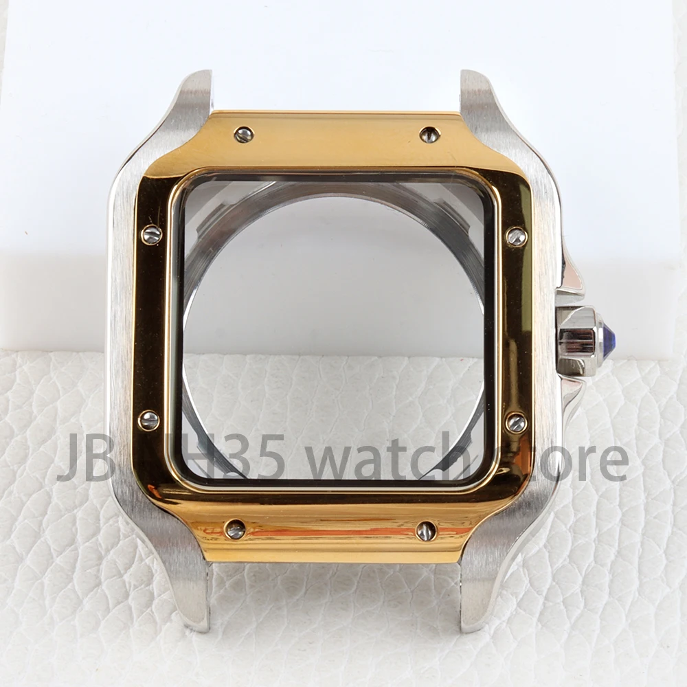 Ouro 38mm nh35 caixa de relógio 21mm largura pulseira sólida 316l aço inoxidável para santos nh35 nh36 nh38 movimento 27mm dial