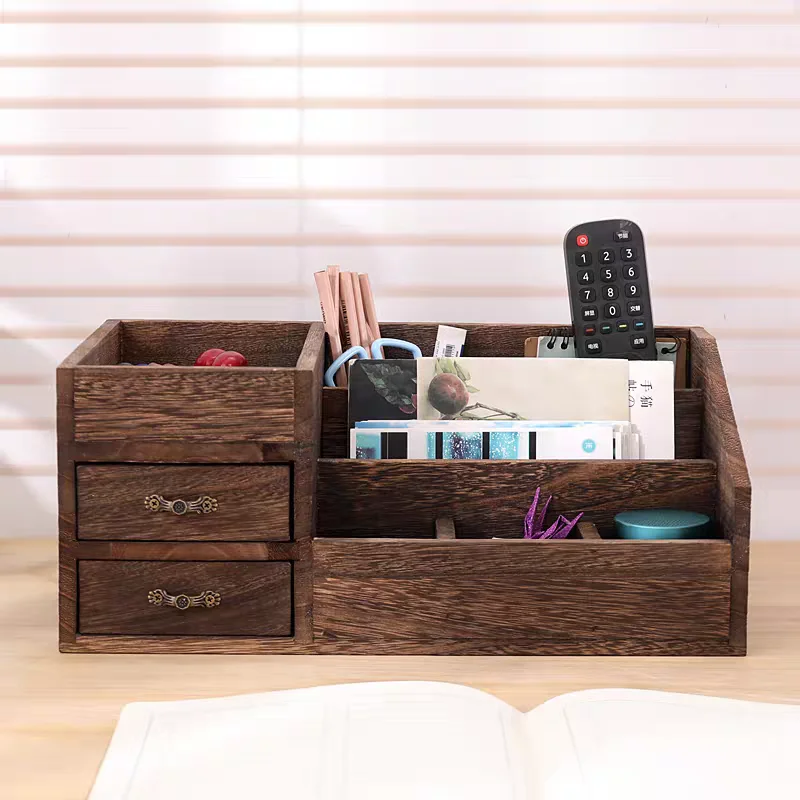 

Paulownia Wood Desktop Organizer - 2 Drawers Multi-Compartment Carbonized Storage Box for Office, 35x20x15cm