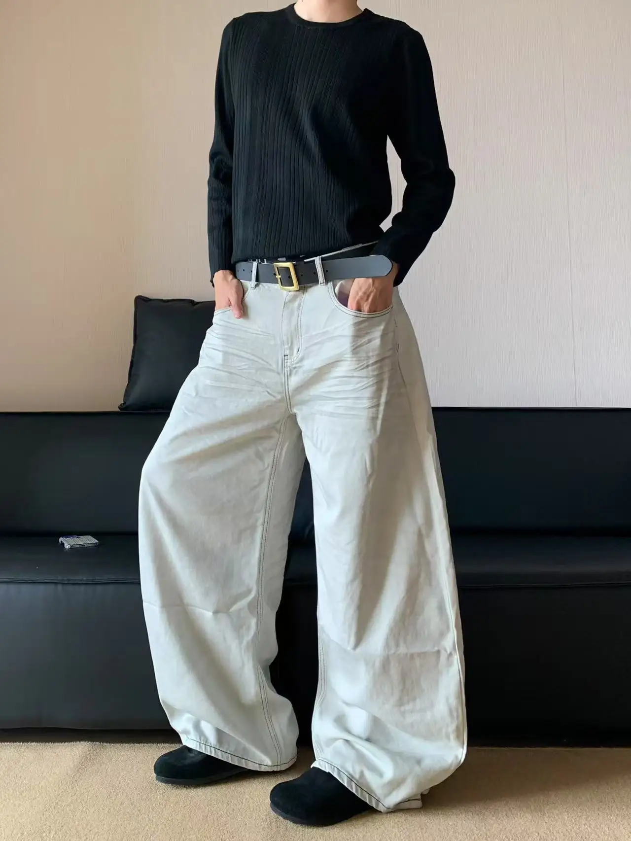 

Retro Cleanfit American High Street Faded White Jeans Men's Straight Leg Wide Leg Knife Jeans Vintage Distressed Denim
