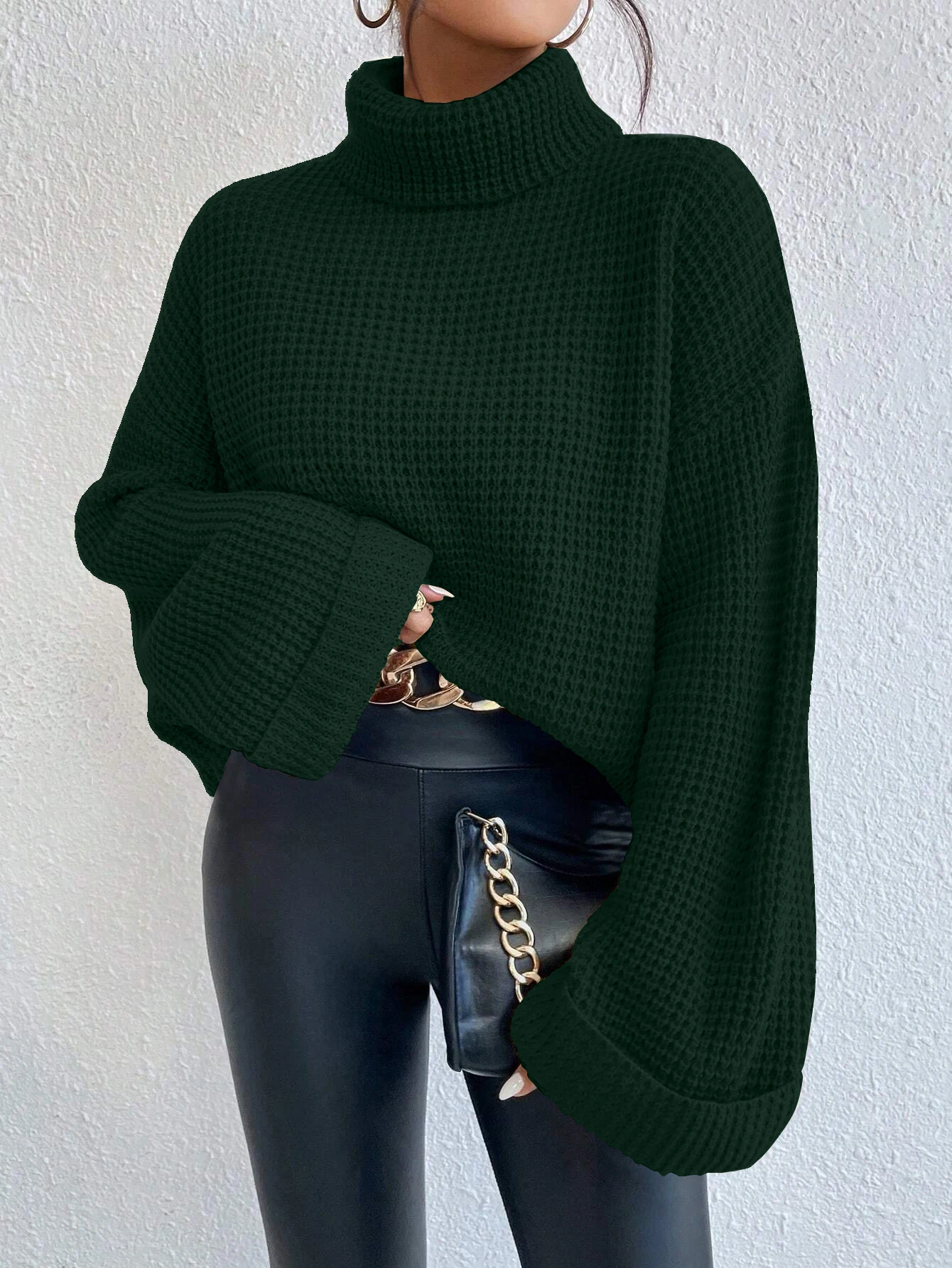 

Women's Versatile Autumn and Winter High Neck Solid Color Shoulder Waffle Knit Sweater Pullover