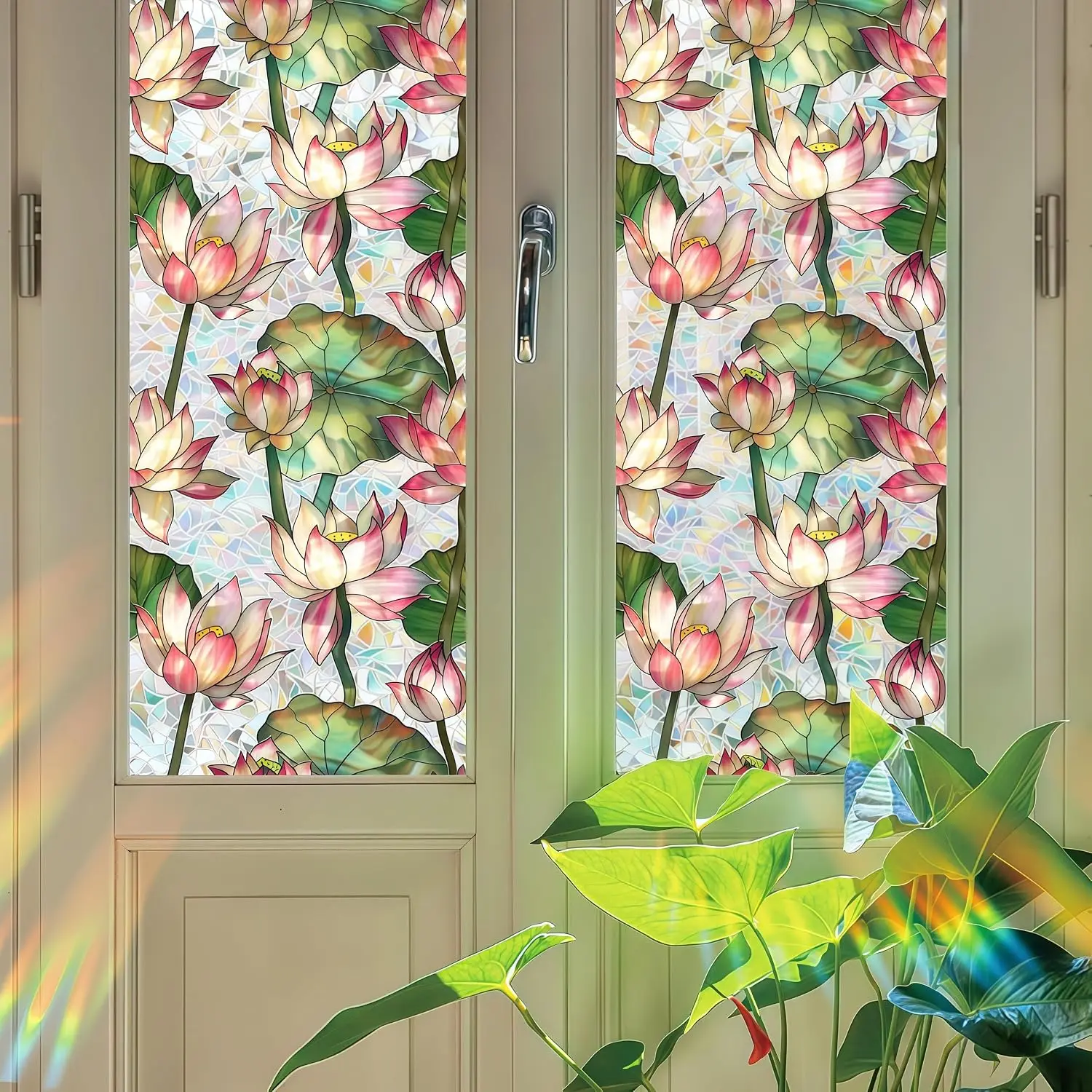 Lotus Flower Privacy Window Film Stained Glass, Static Cling Reusable, Anti UV Heat Blocking Light Softening Tint Cover for Home