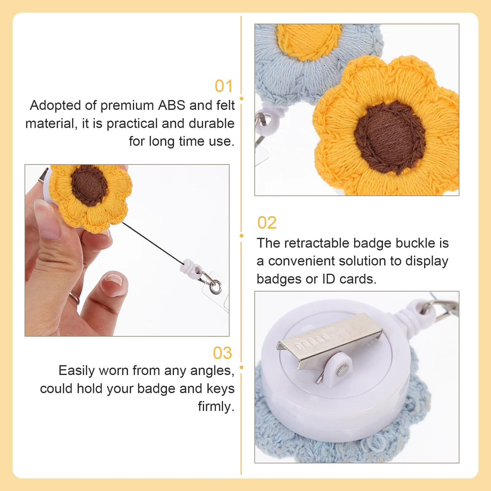

2Pcs Retractable Badge Holder Sunflower Design Felt ABS Material Name Tag Buckle Clip for Id Cards Credit Cards Nurse Worker Use