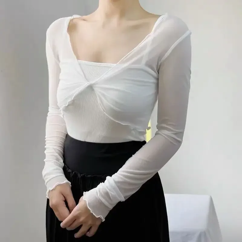 ملابس رقص باليه نسائية شبكية تغطي كم طويل خفيفة الوزن لليوجا الكلاسيكية الحديثة ممارسة الرقص يوتار القمم 2025 #4