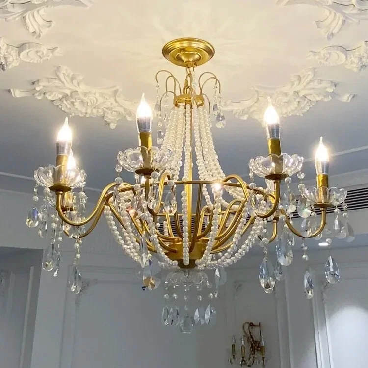 American Crystal Lamp French Retro Pearl Chandelier Medieval Villa Living Room Dining Room Bedroom Duplex Atmospheric Main Light