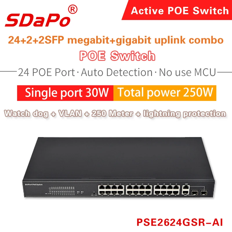 PSE2624GSR-AI  4KV 24+2+2SFP Combo 250W Poe Switch VLAN Watchdog 250 Meter 8.8GBPS 10/100Mbps ROHS Certified