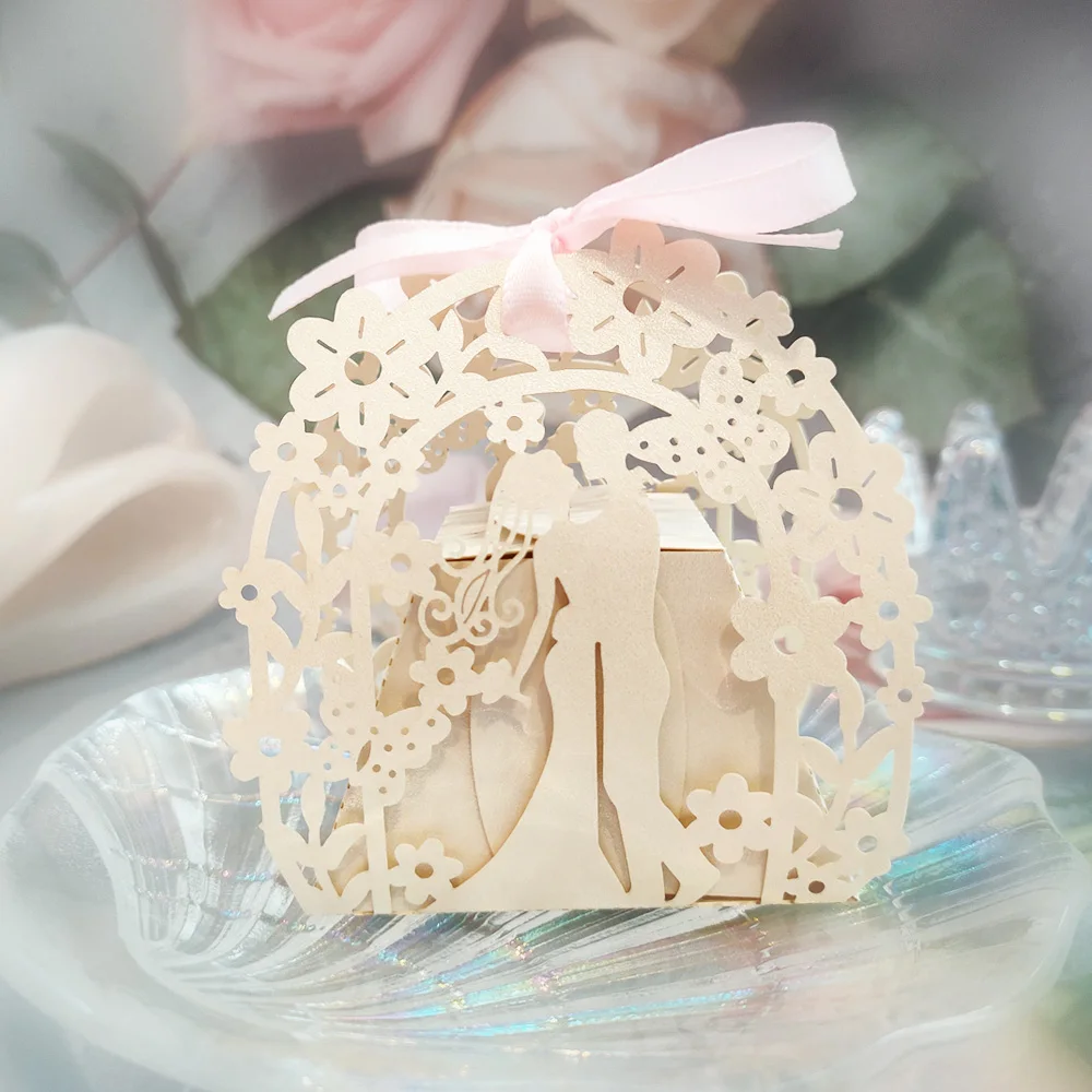 

50pcs Laser Cut Wedding Favors Box, Candy Boxes with Ribbons, Princess Gift Box, Bride and groom Decor