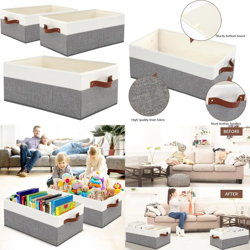 

Grey Fabric Storage Bins with Leather Handles for Closet, Shelves, and Organizing Clothes, Sheets, Jeans, Toys, Books
