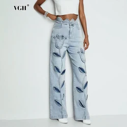 VGH Floral Design Sense Casual Denim Trousers For Women High Waist Spliced Button  Loose Wide Leg Pants Female New Autumn 2024