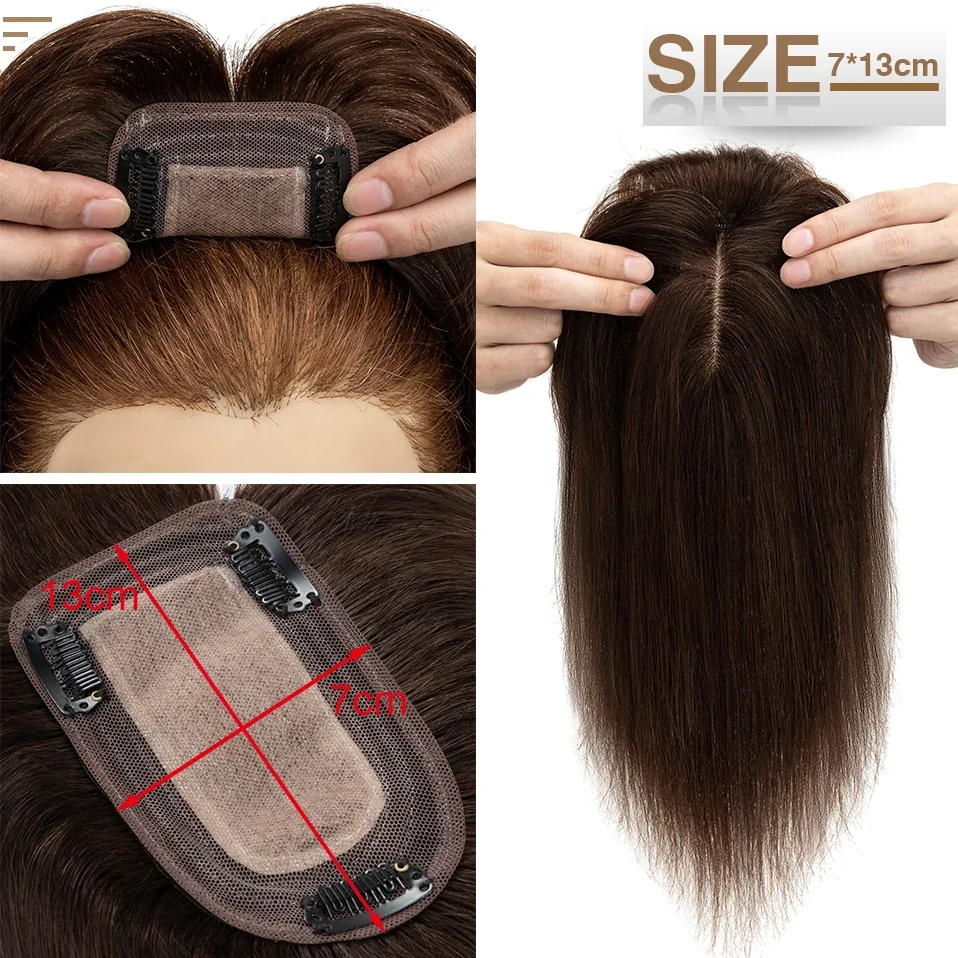 S-noilite 7x13cm Hair Toppers Human Hair Silk Base Hair Cilp Wigs Clip In Hair Extensions 33g-53g Hair Piece 10Inch Natutal Hair