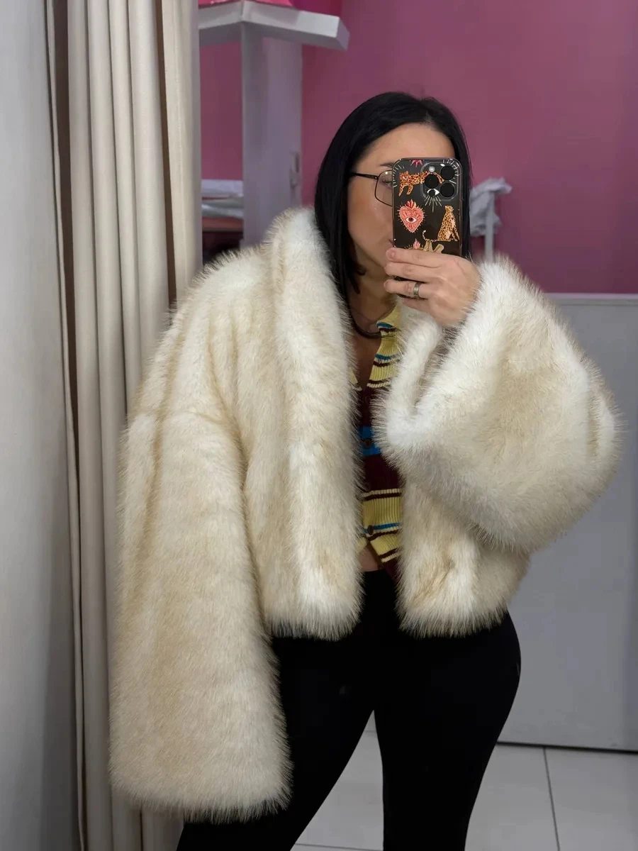 Women Winter Fluffy Faux Fur Coat 2026 Warm Cream White Jacket Lapel Collar Cropped Overcoat Luxury Streetwear
