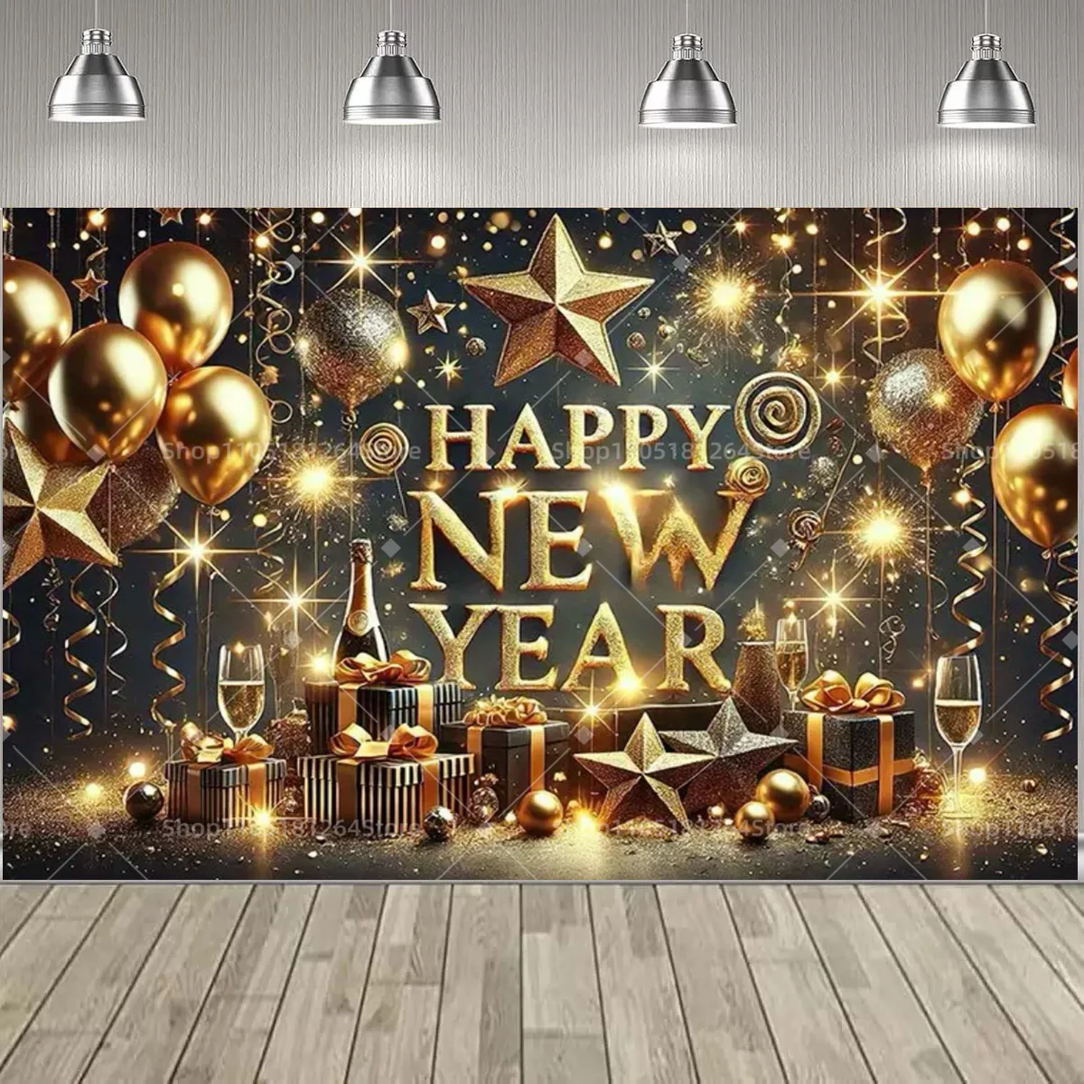 الذهب الأسود سنة جديدة سعيدة حزب الديكور خلفية السنة الجديدة هدية الشمبانيا ساعة عيد الميلاد راية السنة الجديدة صورة خلفية