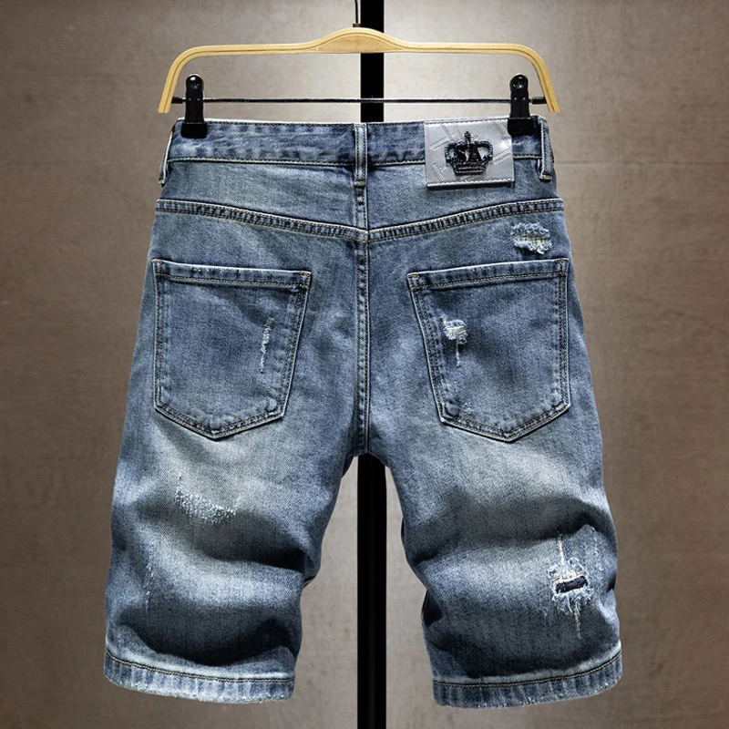 Summer Fashion Designer Men Jeans Retro Blue Stretch Patched Ripped Short Jeans Men Hip Hop Vintage Casual Denim Shorts Hombre