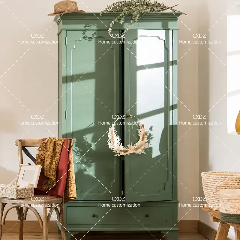 French Retro Solid Wood Double Door Wardrobe Simple Carved Design Light Luxury Flat Open Storage Cabinet Bedroom Furniture