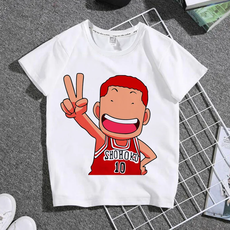 كارتون Q-نسخة لطيف سلام دنك Sakuragi Hanamichi الكرتون أنيمي الأبيض الأطفال تي شيرت جولة الرقبة القطن الخالص قصيرة الأكمام
