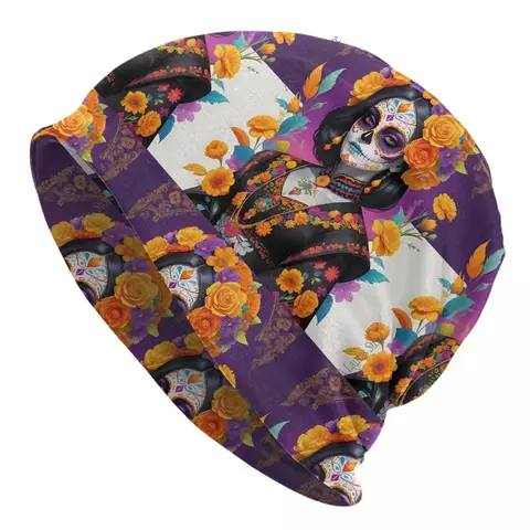Dead With Suga Skulls Marigold Flowers Men Women Beanies Windproof Ski Cap Double Layer Fabric Bonnet Hat