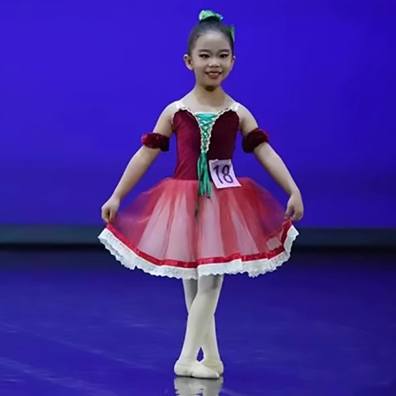 

Red A strappy little swan ballet Girls Tutu Dress Ballet Leotard Dress Long Sleeve Skirt Ballerina Dance Ballet Tulle Dresses