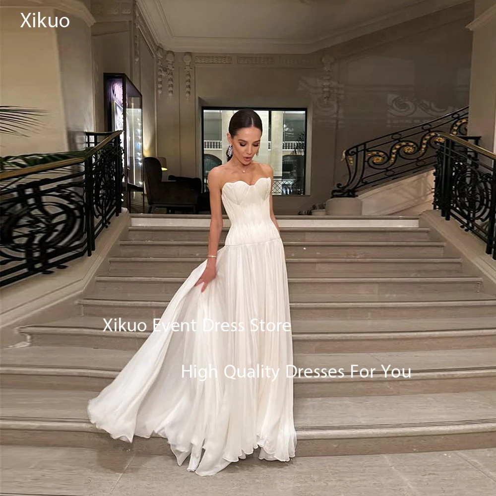Xikuo querida uma linha vestido de casamento flowy chiffon vestido de noiva plissado sem mangas árabe saudita vestidos de novia personalizado