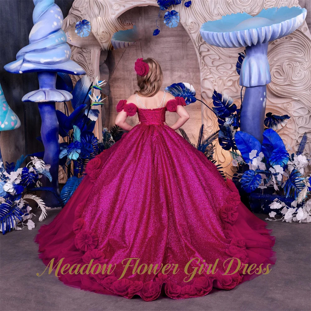 Meadow Burgundy Glitter Children Birthday Wedding Dresses Sweetheart First Communion Gown Spaghetti Strap Girls Princess Dress