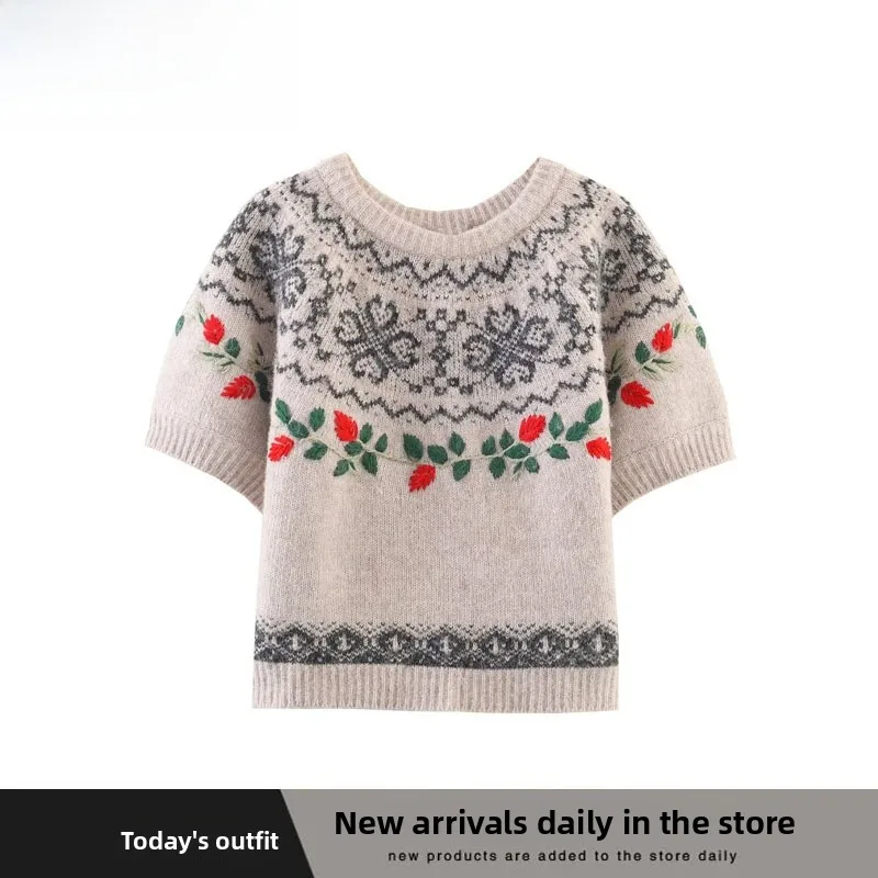 

Faionable ort Sve Knitted Top Embroidered Floral Pattern ZR Sle New Arrival Women's Autumn Polyester Casual round Ne