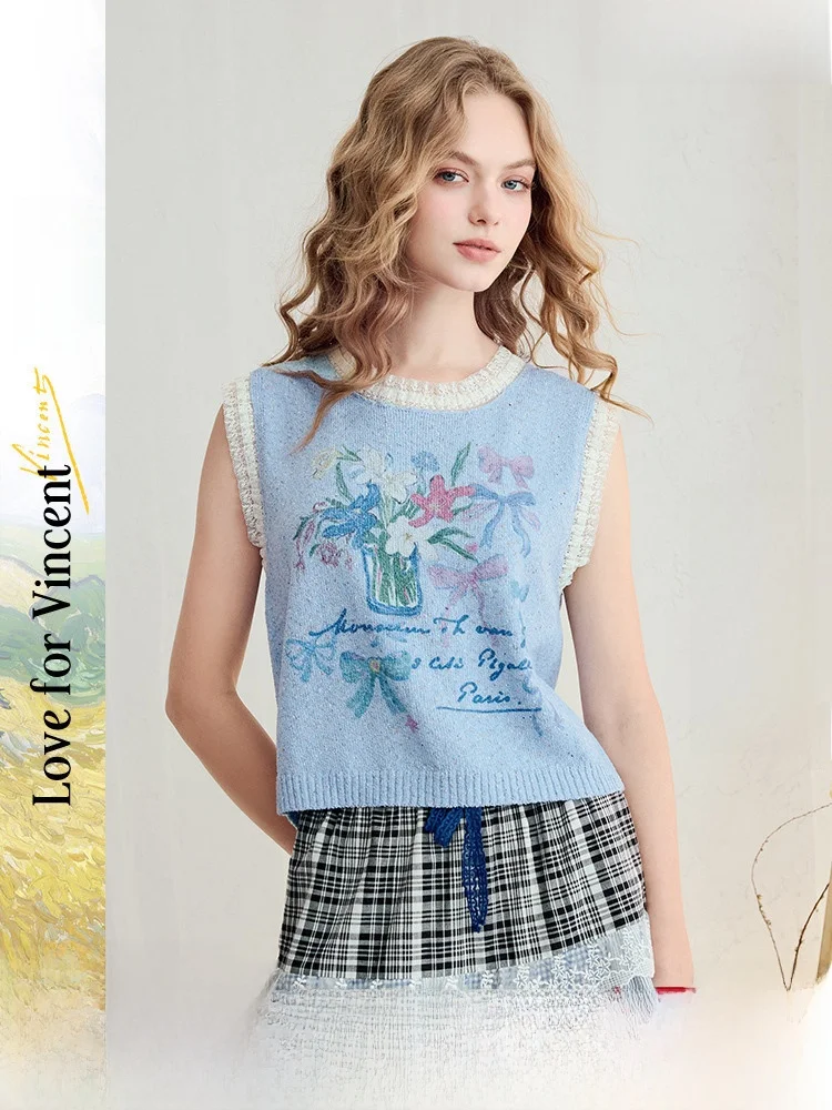 

Милый вязаный свитер с кружевной отделкой и цветочным принтом, женский вязаный свитер Sle Van Gogh, художественное летнее новое поступление, две футболки, вещи