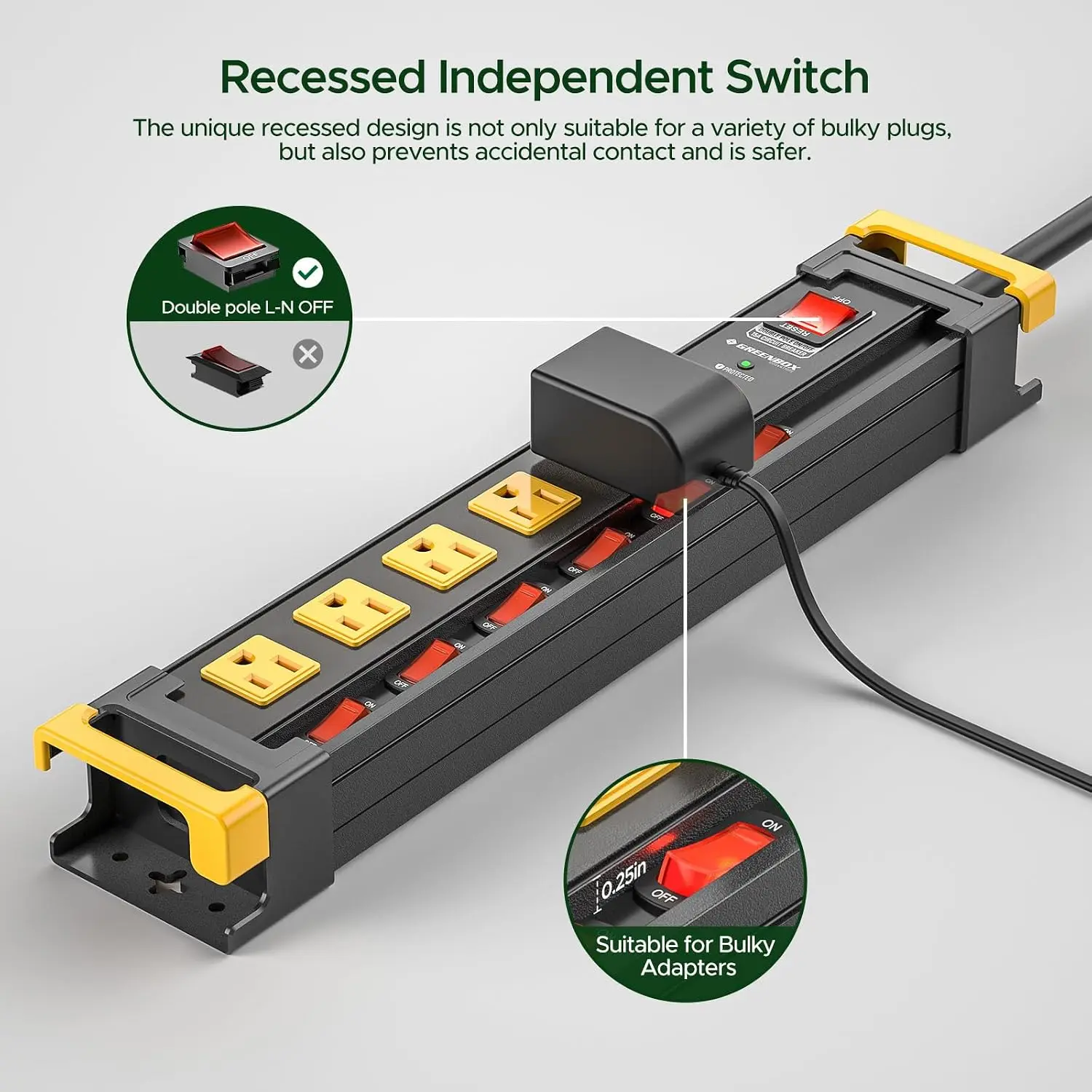 US Shipping Hot New 6 Outlet Heavy Duty Metal Power Strip with Individual Switches 3300J Surge Protector 6FT Cord Wide Spaced